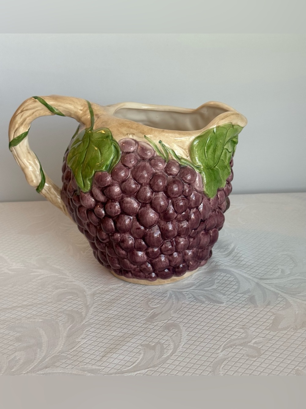 Vintage Motif Ceramic Grape Pitcher - Hand-Painted Vineyard Kitchen Decor 6.5”